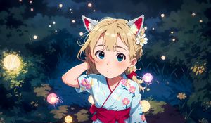 Preview wallpaper girl, ears, kimono, glow, grass, anime