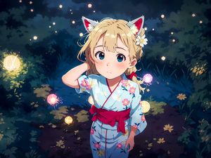 Preview wallpaper girl, ears, kimono, glow, grass, anime