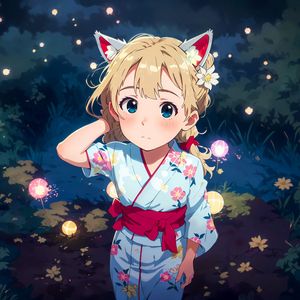 Preview wallpaper girl, ears, kimono, glow, grass, anime
