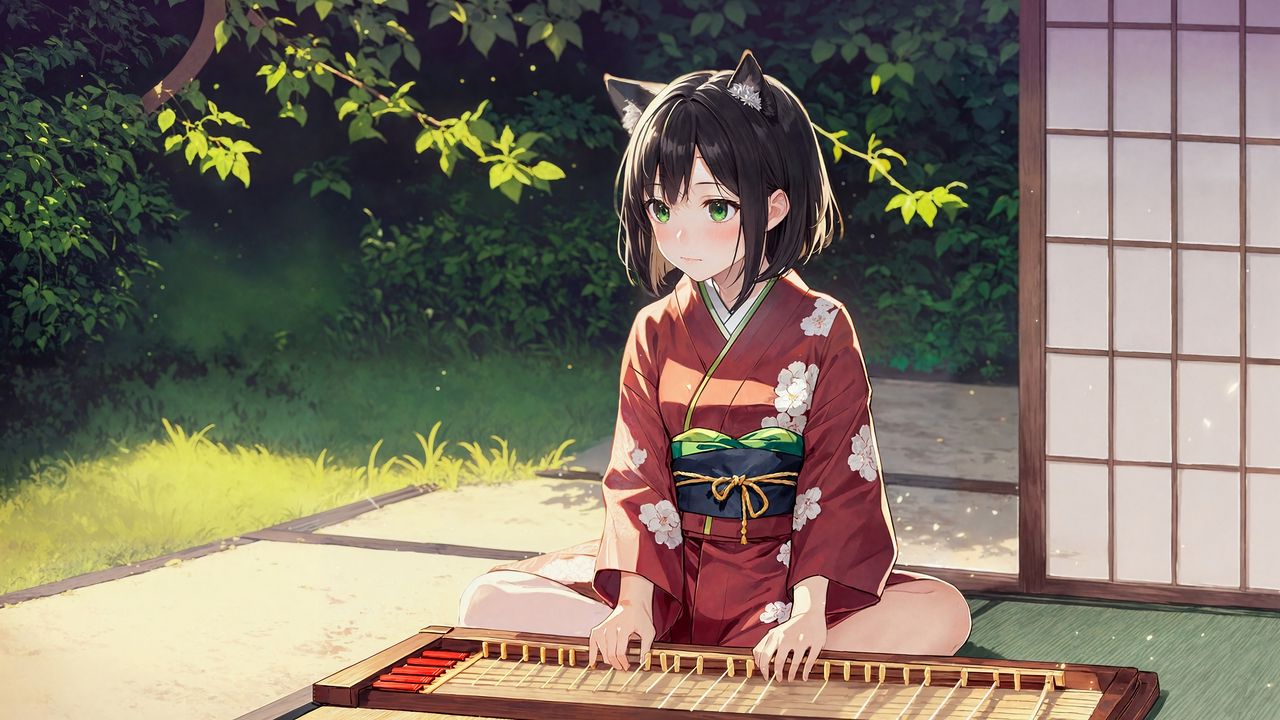 Wallpaper girl, ears, kimono, trees, grass