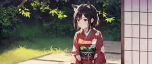 Preview wallpaper girl, ears, kimono, trees, grass