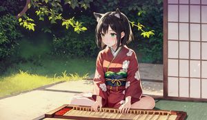 Preview wallpaper girl, ears, kimono, trees, grass