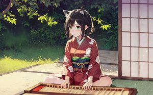 Preview wallpaper girl, ears, kimono, trees, grass