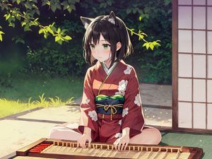 Preview wallpaper girl, ears, kimono, trees, grass