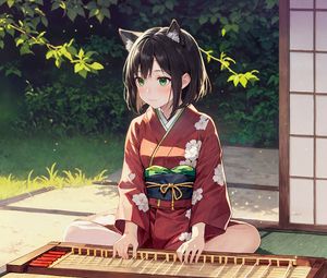 Preview wallpaper girl, ears, kimono, trees, grass