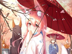 Preview wallpaper girl, ears, kimono, umbrella, anime, art