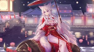 Preview wallpaper girl, ears, kimono, umbrella, new year, anime