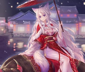 Preview wallpaper girl, ears, kimono, umbrella, new year, anime