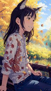 Preview wallpaper girl, ears, leaves, autumn, anime