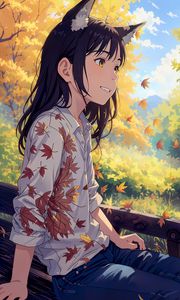 Preview wallpaper girl, ears, leaves, autumn, anime