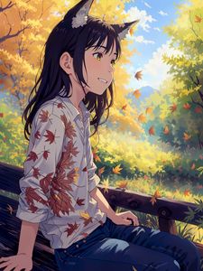 Preview wallpaper girl, ears, leaves, autumn, anime