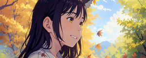 Preview wallpaper girl, ears, leaves, autumn, anime