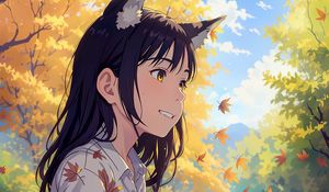 Preview wallpaper girl, ears, leaves, autumn, anime