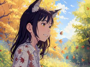 Preview wallpaper girl, ears, leaves, autumn, anime