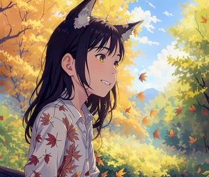Preview wallpaper girl, ears, leaves, autumn, anime