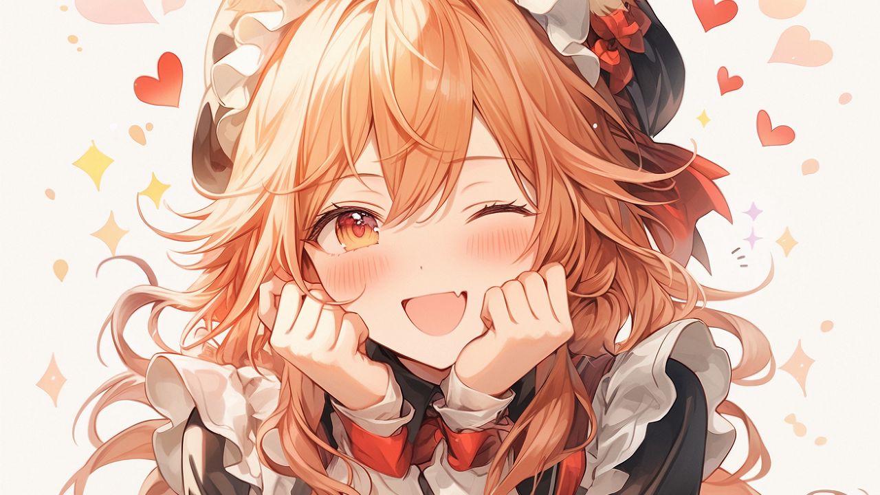 Wallpaper girl, ears, maid, hearts, cake, anime, smile