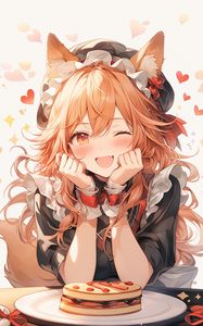 Preview wallpaper girl, ears, maid, hearts, cake, anime, smile