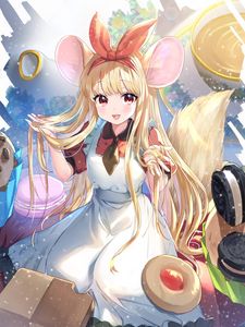 Preview wallpaper girl, ears, mouse, sweets, anime, art