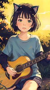 Preview wallpaper girl, ears, neko, guitar, anime