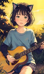 Preview wallpaper girl, ears, neko, guitar, anime