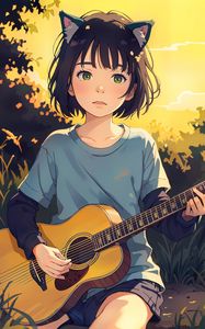 Preview wallpaper girl, ears, neko, guitar, anime