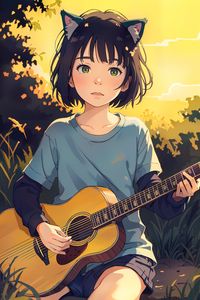 Preview wallpaper girl, ears, neko, guitar, anime