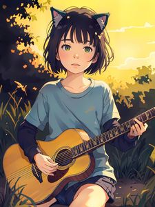 Preview wallpaper girl, ears, neko, guitar, anime