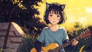 Preview wallpaper girl, ears, neko, guitar, anime