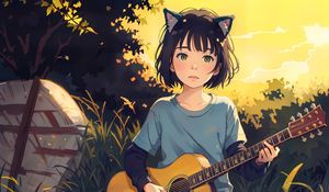 Preview wallpaper girl, ears, neko, guitar, anime