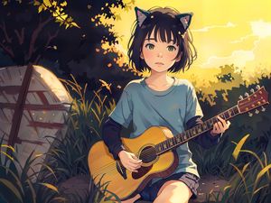 Preview wallpaper girl, ears, neko, guitar, anime