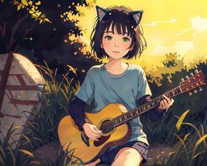Preview wallpaper girl, ears, neko, guitar, anime