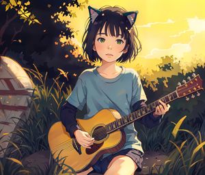 Preview wallpaper girl, ears, neko, guitar, anime