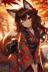 Preview wallpaper girl, ears, neko, tail, kimono, forest, anime, art