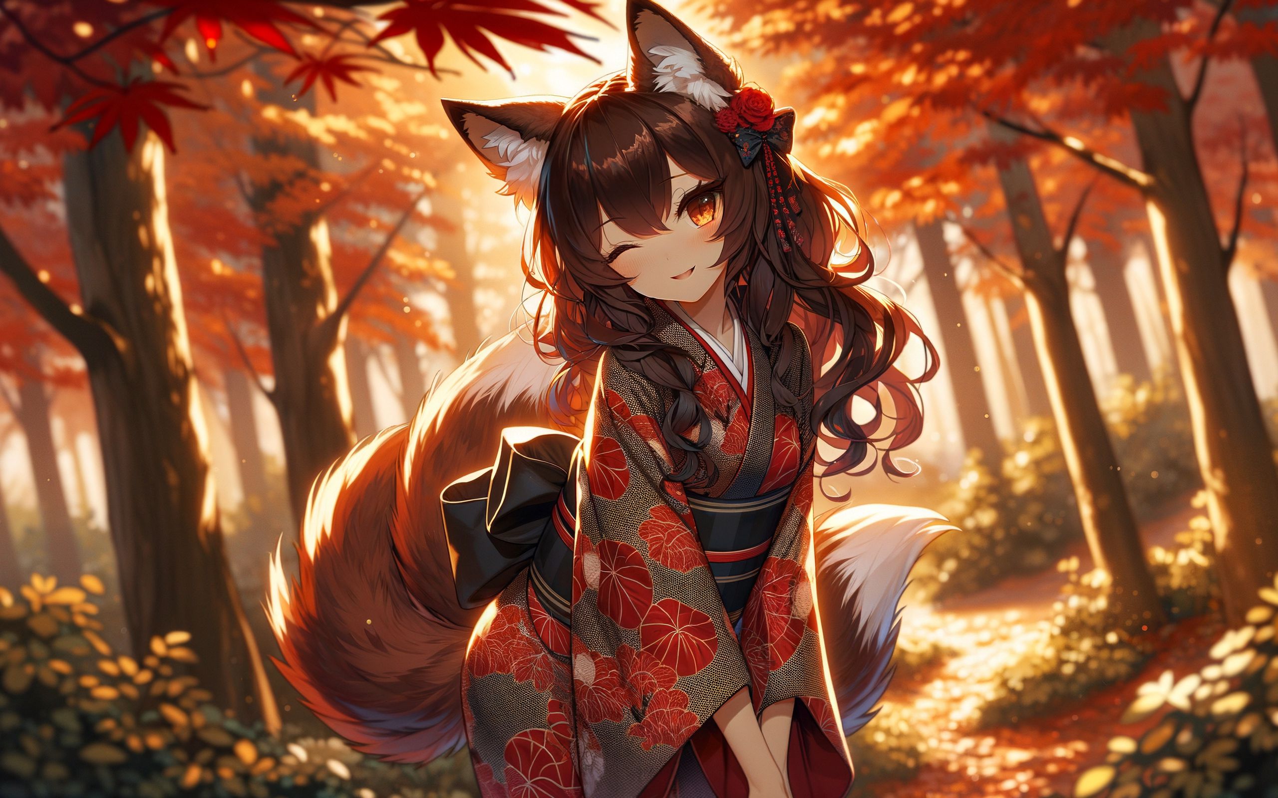 Download wallpaper 2560x1600 girl, ears, neko, tail, kimono, forest ...
