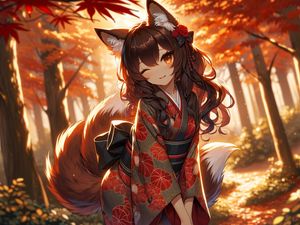 Preview wallpaper girl, ears, neko, tail, kimono, forest, anime, art