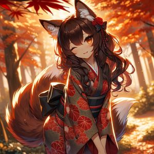 Preview wallpaper girl, ears, neko, tail, kimono, forest, anime, art