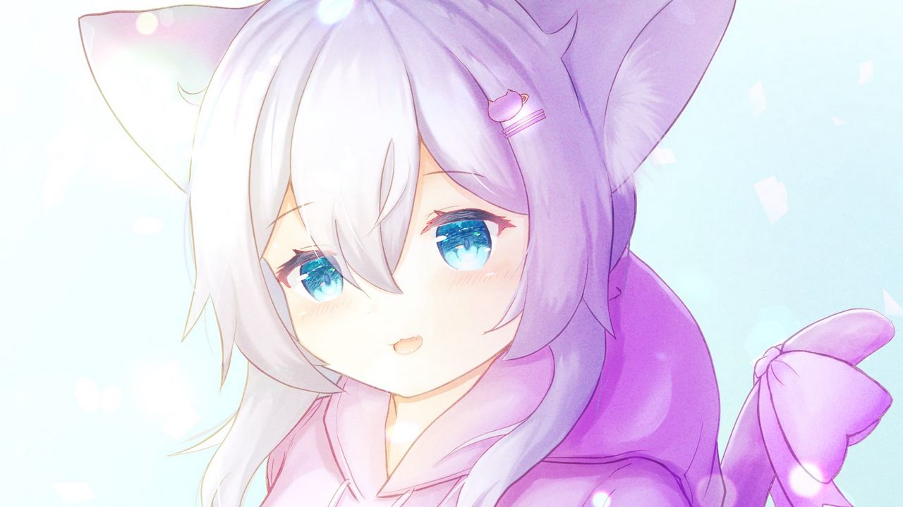 Wallpaper girl, ears, neko, anime, art, purple