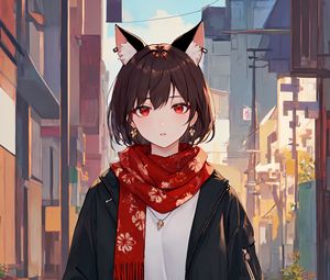 Preview wallpaper girl, ears, neko, scarf, anime