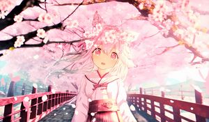 Preview wallpaper girl, ears, neko, kimono, flowers, spring, anime