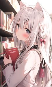 Preview wallpaper girl, ears, neko, book, anime
