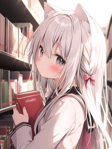 Preview wallpaper girl, ears, neko, book, anime