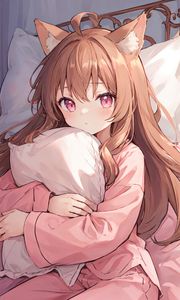 Preview wallpaper girl, ears, pajamas, pillow, anime, pink
