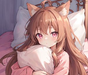 Preview wallpaper girl, ears, pajamas, pillow, anime, pink