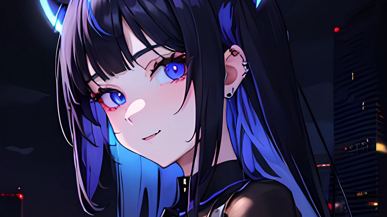Wallpaper girl, ears, piercing, blue, anime