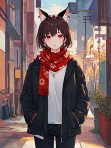 Preview wallpaper girl, ears, piercing, scarf, anime