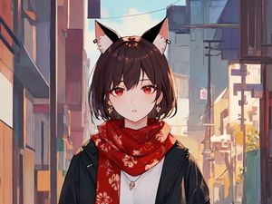 Preview wallpaper girl, ears, piercing, scarf, anime