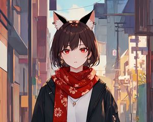 Preview wallpaper girl, ears, piercing, scarf, anime