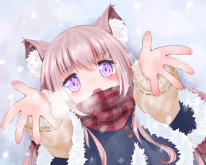 Preview wallpaper girl, ears, scarf, winter, anime