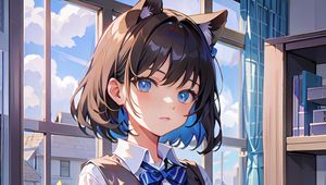 Preview wallpaper girl, ears, schoolgirl, window, anime