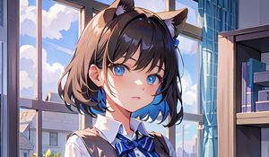 Preview wallpaper girl, ears, schoolgirl, window, anime